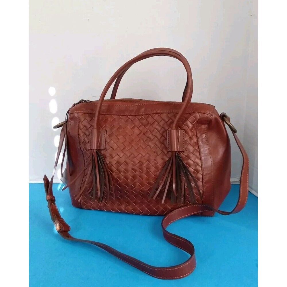 Leather Woven Satchel Crossbody Bag Tassel Accents‎ Brown